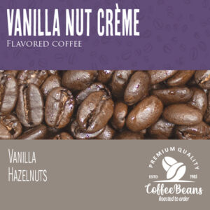 A close up of the front label for vanilla nut creme flavored coffee.